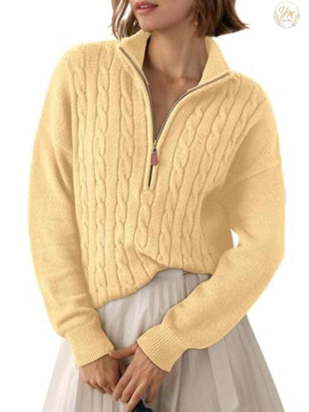 Dokotoo Women's Quarter Zip Ribbed Cable Knit Sweater Pullover